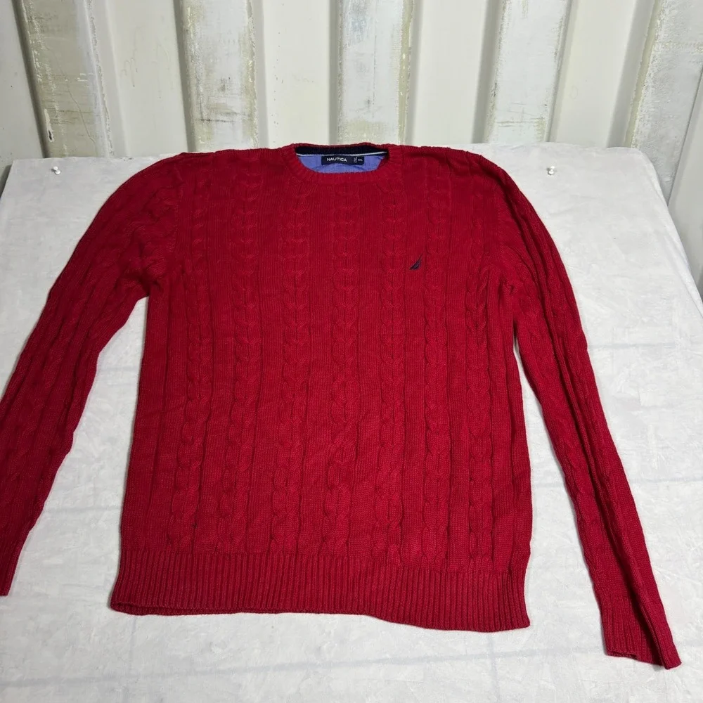 Nautica Mens Pullover Sweater Red Cable Knit Logo Crew Neck Long Sleeve Size 2XL